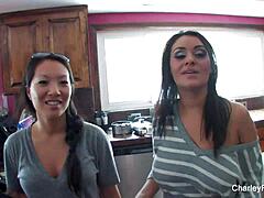 Brunette Pornstar Asa Akira Uses Buttplug on Charley Chase's Big Tits and Ass in Lesbian Dildo and Assfucking Play