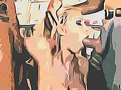 blonde girl with big tits in threesome blowjob?