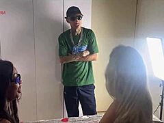 Dutra Sura introduces skinny blonde Mii Angel to her cousin's monster cock for bisexual threesome.