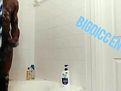 Stroking hard dick in steamy shower homemade.