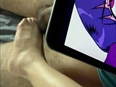 I tease his shaft while he’s glued to adult videos on screen.