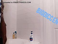 Stroking hard dick in steamy shower homemade.