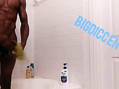 Stroking hard dick in steamy shower homemade.