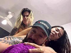 In the bedroom, she gags on cock and ass, feeling it pulse in her wet pussy as they cum together.