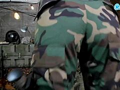 Horny amateur soldier babe fingers wet shaved pussy to orgasm in military tent