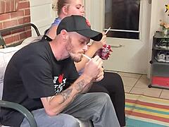 cheating wife got busted blowing the neighbor while smoking. it was a messy scene outdoors.