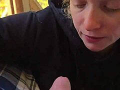 Skinny Milf Smokes While Sucking Cock at Home