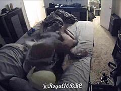 A petite white chick gives a blowjob to a big black cock in missionary position.