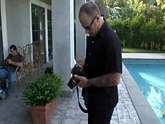 A knock at the door turns into steamy sex with a milf sporting big fake tits