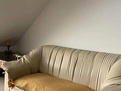 Brunette amateur latina fucks big natural tits on couch with strapon dildo in lesbian session