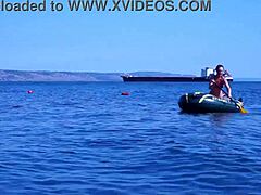 Mature woman in bikini on Volga River boat