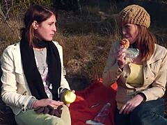 Lesbian Couple Shares Kiss, Then Uses Strapon Outdoors