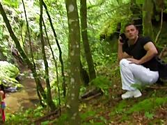 Meeting this sexy brunette in the forest motivates the guy for outdoor anal.
