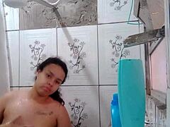 Gorgeous Latina brunette shows off her wet pussy while taking a shower