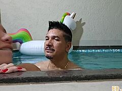 The Nymphomaniac Actress and Actor Share a Passionate Encounter in the Pool During the Recording Interval