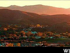 Brunette in threesome gets deepthroat and cowgirl fucking with big tits