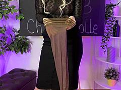 Sexy MILF Teacher in Coffee Color Stockings Shows Off Big Tits and Ass