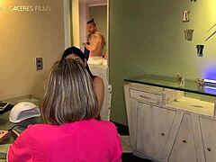 horny wife masturbates watching husband fuck curvy babe