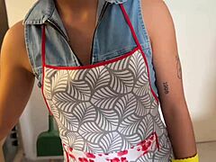 Latina maid ditches cleaning to suck my big cock and swallow all my cum in her mouth.