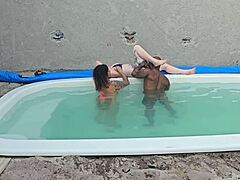 Interracial creampie in pool with tattooed amateurs
