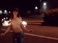 Brunette girlfriend goes topless outdoors in public party with honey gold and dakota marr flashing natural tits