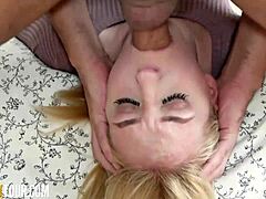 Shy Petite Blonde Teen With Blue Eyes Gags On Huge Monster Cock During Rough Deepthroat Face Fucking