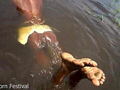 African tribe woman gets fucked outdoors in tropical forest stream by tourist with skinny body details.