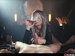 horny milf with huge tits gives blowjob while smoking cigar 😏