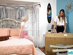 Busty Masseuse Licks Her New Neighbor! Curvy Brunette Facesitting in Hardcore Lesbian 69 Orgasm Sucking!