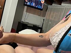 Stepsister Damages TV and Enters Room for Handjob Cumshot on Big Tits in Lingerie!