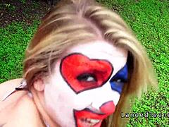 Teen in clown costume banging outdoor with big cock to cumshot
