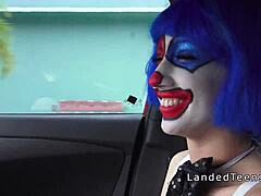 Teen in clown costume banging outdoor with big cock to cumshot