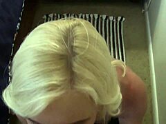 Sexy housewife teases with striptease and dirty talk. She rides boyfriend in cowgirl for orgasm while piercing shows.