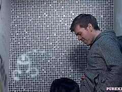 Hot Brunette Milf Feels Intense Passion Taking Huge Cock in Toilet With Cumshot.