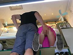 the boss sneaks touches on his sexy shop assistant's wet shaved pussy during customer chat