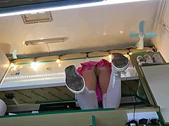 the boss sneaks touches on his sexy shop assistant's wet shaved pussy during customer chat