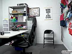 Shoplifter Emma Starletto blows and rides the LP officer's monster cock in the office to satisfy his needs.