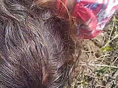 Amateur blowjob leads to doggy style fuck with cum in mouth in the bush. Bbw big tits chubby wife girlfriend enjoys outdoor public sex as cute hairy slut.