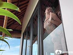 Standing Doggy and a Blowjob in the Morning with Blonde in Fishnets and Lingerie