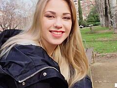 Russian babe casually sucks big cock for cash in outdoor pov scene