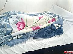 Chubby indian stepsister gives footjob and missionary fuck with big natural tits bouncing in homemade bedroom fun.