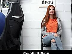 Disgustedteen hot teen shoplifter Scarlett Mae fucked by pervy loss prevention officer after stealing TV.