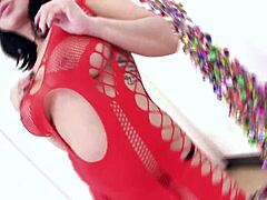 Kimmy Lee unwraps her Christmas gift of a huge cock. She delivers a deepthroat POV blowjob, facefuck, and swallows the cum.