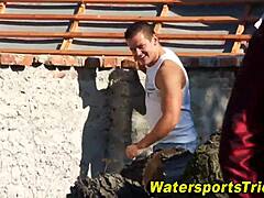 Outdoor Watersports 3some with Blowjob Masturbation Golden Shower Fetish Group Hardcore in High Definition