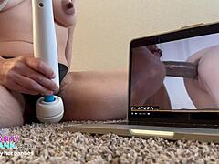 Horny asian slut watches porn while masturbating with vibrator on hairy pussy and nipples, fantasizing about huge black cock until wet orgasm cums in panties