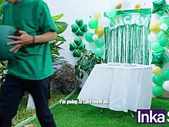 curvy colombian ebony with big natural tits gets fucked by dwarf elf at saint patrick party