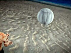 Topless redhead beauty pierces thug on beach ball!