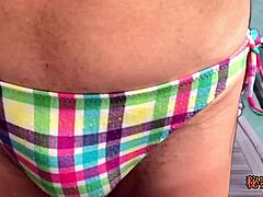 College girl in sexy bikini masturbates with handjob to orgasm in bathroom shower, stripping uniform for outdoor beach fetish play.