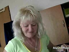 Big breasted granny wildly explores hairy pussy action