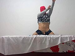 Newbie in the classroom bends over to flash and masturbate with an inflated condom for quick solo thrill.